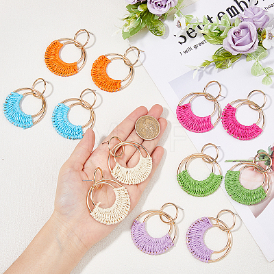 FIBLOOM 6 Pairs 6 Colors Raffia Grass Braided Flat Round Dangle Stud Earrings for Women EJEW-FI0002-25-1