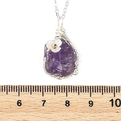 Raw Natural Amethyst Nuggets with Flower Wire Wrapped Pendant 304 Stainless Steel Cable Chain Necklaces NJEW-TA00269-1