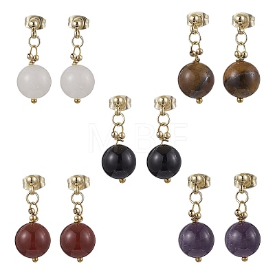 Natural Mixed Stone Round Beads & 304 Stainless Steel Components Dangle Earrings for Women EJEW-JE06231-1