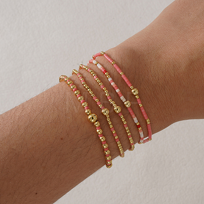 5Pcs 5 Styles Bohemian Style Glass Seed Bead & Brass Beads Stretch Bracelets Set for Women XX3462-3-1
