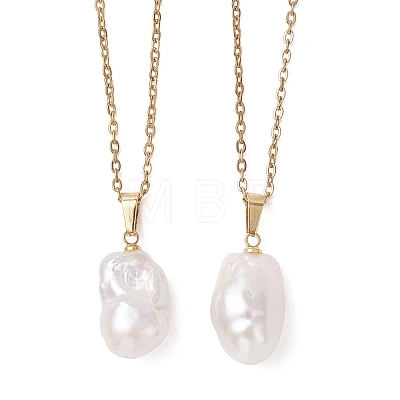 Natural Baroque Edison Keshi Pearl Oval Pendant 304 Stainless Steel Cable Chain Necklaces NJEW-JN05963-1