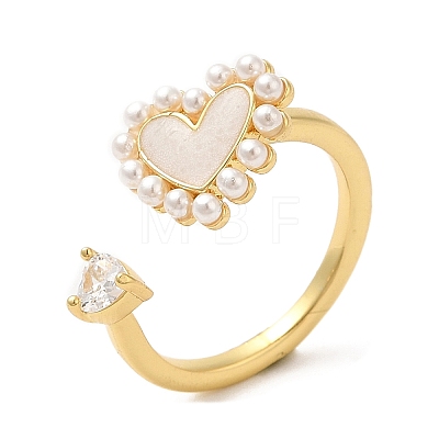 Cubic Zirconia Heart Open Cuff Ring with ABS Plastic Pearl Beaded RJEW-M148-05G-1