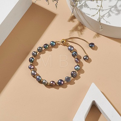 Dyed Natural Pearl & Brass Round Beaded Slider Bracelet BJEW-JB09008-03-1