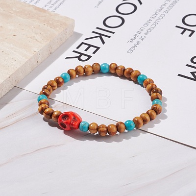 Natural Wood & Synthetic Turquoise(Dyed) Stretch Bracelet BJEW-JB08146-1