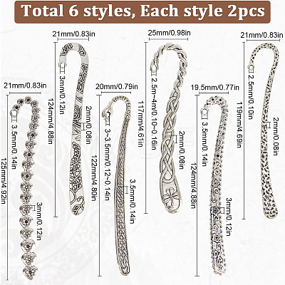 12Pcs 6 Styles Tibetan Style Alloy Bookmark Findings with Holes FIND-SC0008-99-1