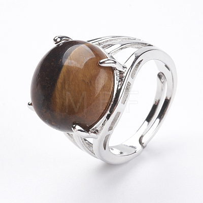Adjustable Natural Tiger Eye Finger Rings X-RJEW-F075-01A-1