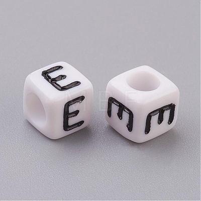 White Letter E Cube Acrylic Beads X-PL37C9308-E-1