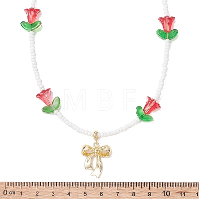 Alloy Bowknot Pendant Tulip Flower Glass Seed Beaded Necklaces for Women NJEW-MZ00148-01-1