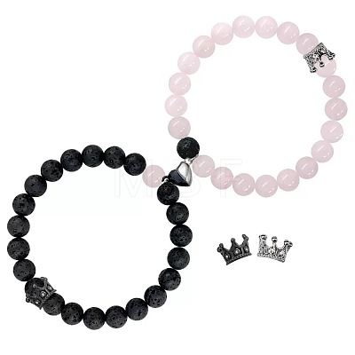 2Pcs Matching Natural Lava Rock & Rose Quartz Round Beads Stretch Bracelets PT6851-6-1
