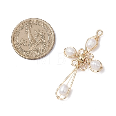 Natural Cultured Freshwater Pearl Copper Wire Wrapped Cross Pendants PALLOY-TA00318-1