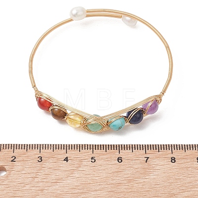Chakra Natural & Synthetic Mixed Gemstone Round Beads Wire Wrapped Bangles for Women BJEW-TA00714-1