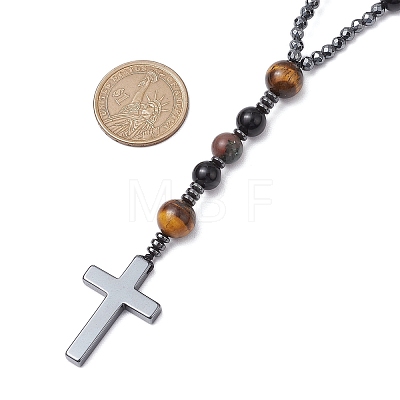 Natural Tiger Eye & Obsidian & Bloodstone Rosary Bead Necklaces NJEW-JN05114-02-1