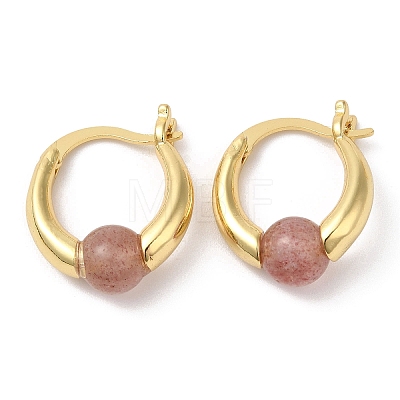 Natural Strawberry Quartz Round Beaded Hoop Earrings EJEW-A099-03G-02-1