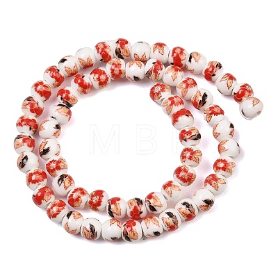 Handmade Flower Printed Porcelain Ceramic Beads Strands PORC-M005-6mm-06-1