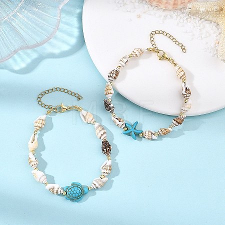 2Pcs Natural Sea Shell & Synthetical Turquoise Beaded Bracelets for Women BJEW-JB13838-1