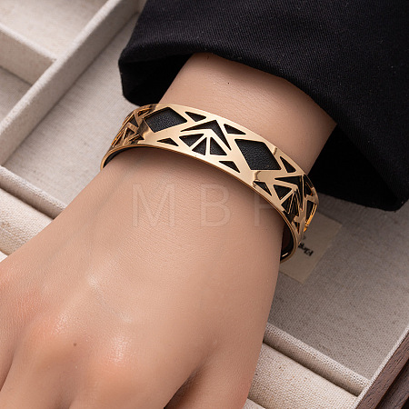 Hollow Out 304 Stainless Steel & Imitation Leather Cuff Bangles WG7C714-03-1