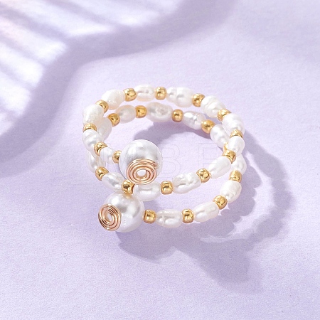 Natural Freshwater Pearl & Shell Pearl & Glass Seed Beaded Double Layers Finger Rings RJEW-JR01022-1