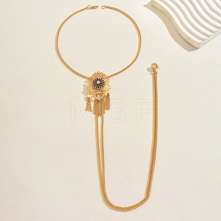 Vintage Gothic Style Brass Pave Cubic Zirconia Flower Long Tassel Lariat Necklace Brooch for Women GO0016-3-1