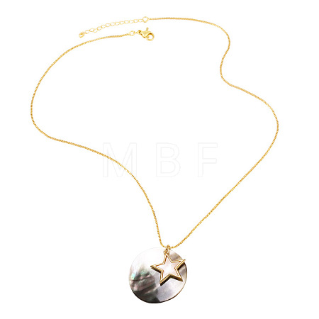 Summer Beach Brass & Natural Paua Shell Flat Round Pendant Necklaces for Women WG98B2F-03-1