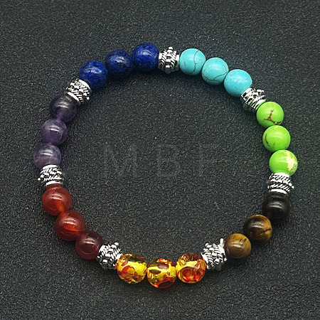 Chakra Natural Synthetic Mixed Gemstone Round Beaded Stretch Bracelets for Women PD8434-1-1