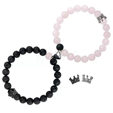 2Pcs Matching Natural Lava Rock &  Rose Quartz Round Beads Stretch Bracelets PT6851-6-1
