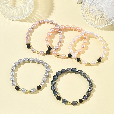 Natural Cultured Freshwater Pearl & Lava Rock Beaded Stretch Bracelets for Women BJEW-JB13714-1