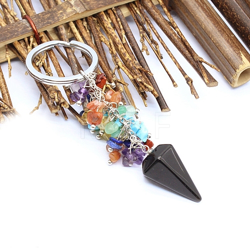 Natural Obsidian Cone Charm Keychain G-PW0007-030E-1