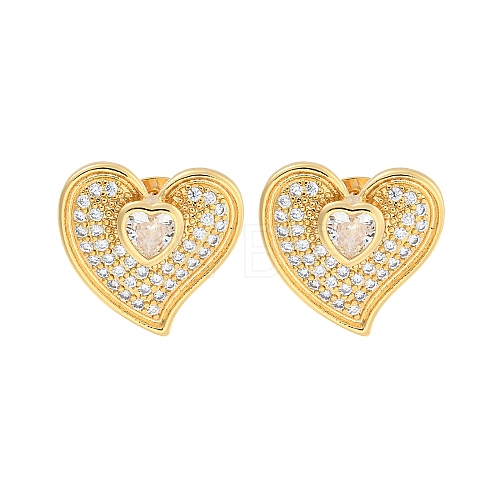 Heart Brass Pave Clear Cubic Zirconia Stud Earrings EJEW-M258-32G-1