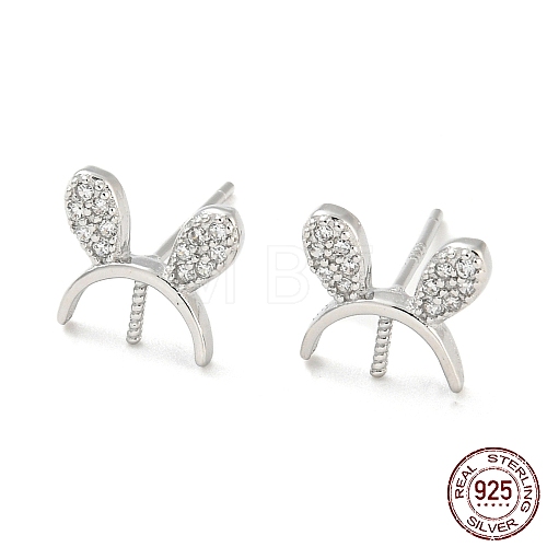 Rhodium Plated Rabbit Ear 925 Sterling Silver Micro Pave Clear Cubic Zirconia Stud Earring Findings STER-Q192-23P-1