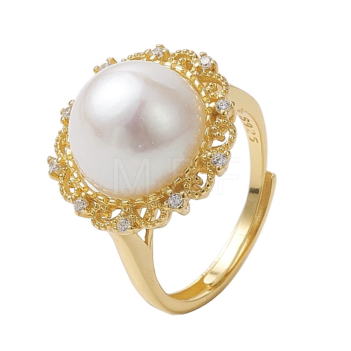 Flower Natural Pearl Adjustable Rings RJEW-P113-03G-1