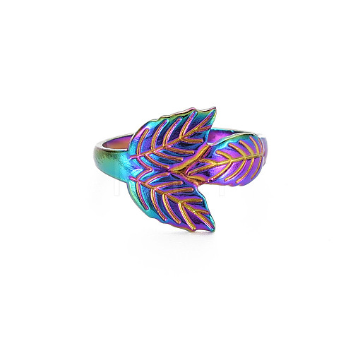 Rainbow Color 304 Stainless Steel Leaf Cuff Ring RJEW-N038-041M-1