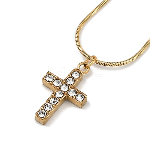 PVD Vacuum Plating 304 Stainless Steel Crystal Rhinestone Cross Pendant Round Snake Chain Necklaces for Women NJEW-Z044-05G-1