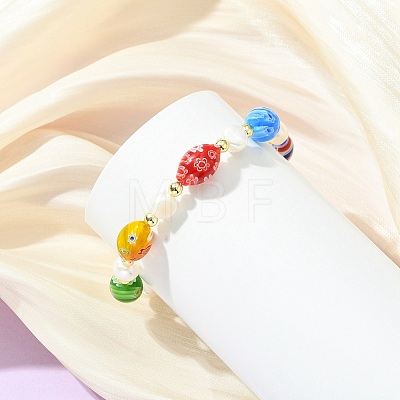 Handmade Millefiori Glass & Natural Cultured Freshwater Pearl Beads Stretch Bracelets for Women BJEW-JB13848-1