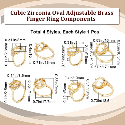 Beebeecraft 4Pcs 4 Style Brass Cubic Zirconia Adjustable Ring Components RJEW-BBC0001-09-1