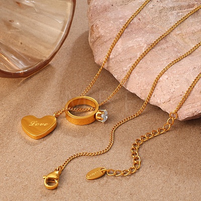 Valentine's Day 304 Stainless Steel Pave Clear Cubic Zirconia Ring & Love Heart Pendant Necklaces for Women WG8D8BB-01-1