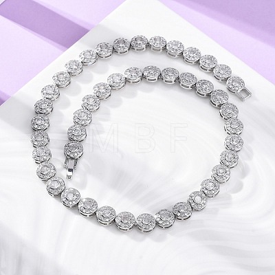 Brass Pave Clear Cubic Zirconia Flat Round Link Chain Necklaces for Women NJEW-A044-01P-1