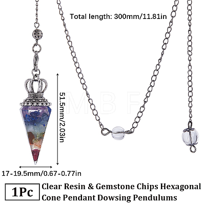 1Pc Clear Resin & Gemstone Chips Hexagonal Cone Pendant Dowsing Pendulums AJEW-SC0002-30-1