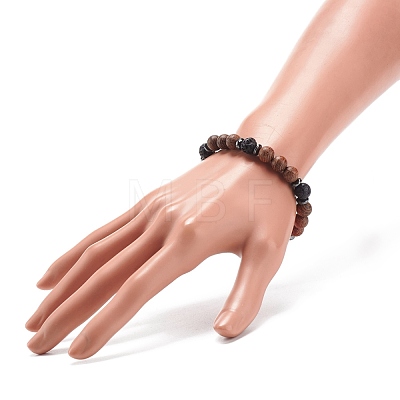 Natural Lava Rock & Wood Beaded Stretch Bracelet BJEW-JB08535-02-1