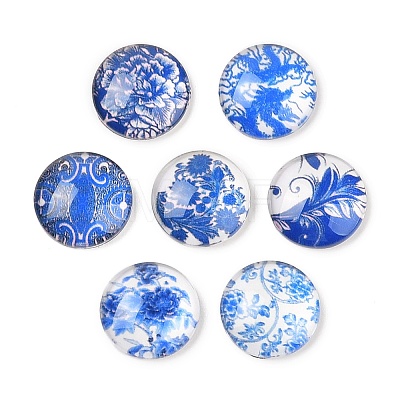 Blue and White Floral Printed Glass Cabochons GGLA-A002-14mm-XX-1