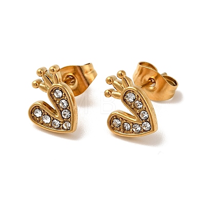 Heart with Crown 304 Stainless Steel Rhinestone Stud Earrings EJEW-A081-16G-1