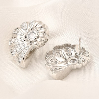 Rack Plating Shell Shape Brass Micro Pave Clear Cubic Zirconia Stud Earrings EJEW-H143-27P-1