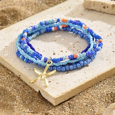 Multilayer Glass Seed Beads Starfish Pendant Anklet for Women PW-WG7288D-04-1