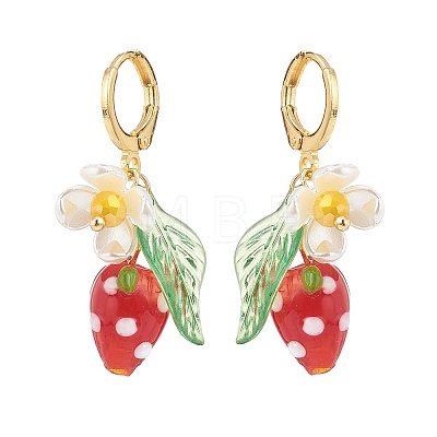 Lampwork Strawberry with Plastic Pearl Flower Dangle Leverback Earring EJEW-TA00130-1