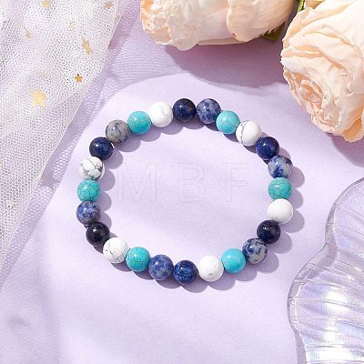 8.5mm Round Natural Lapis Lazuli & Howlite & Synthetic Turquoise & Blue Spot Jasper Bead Stretch Bracelets for Women BJEW-JB10944-05-1