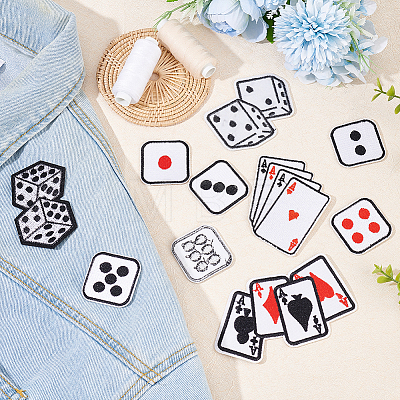 10Pcs 10 Style Dice & Playing Card Shape Cloth Embroidery Applqiues PATC-FG0001-38-1
