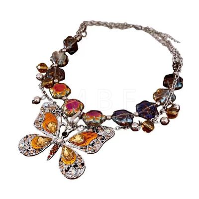 Brass Rhinestone Butterfly Pendant Rose Flower Glass Beaded Double Layer Necklaces for Women WG13E12-01-1