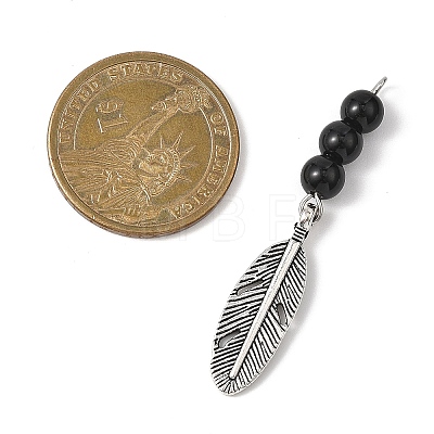 Alloy Feather with Round Synthetic Black Stone Beads Big Pendants PALLOY-JF04696-1