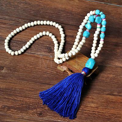 Wood & Synthetic Turquoise Beaded Nuggets Mala Necklaces with Tassel for Women FS-WGC7FA0-04-1