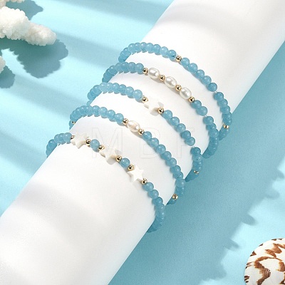 5Pcs 5 Style Natural Dyed White Jade & Pearl & Shell Star Beaded Stretch Bracelets Set BJEW-JB09495-05-1