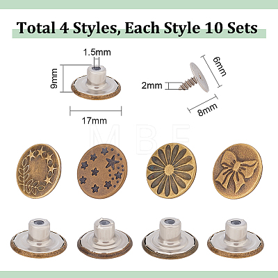 Unicraftale 40 Sets 4 Style Brass Button Pins for Jeans BUTT-UN0001-12-1